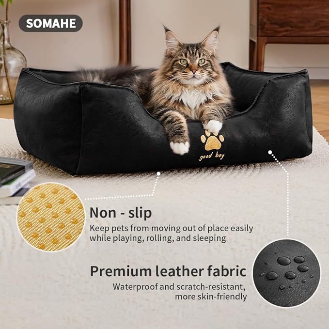 Premium Leather Cat Bed for Indoor Cats Premium Small Dog Bed Pet Nest with Anti-Slip Base Ultra Soft Texture for Comfortable Rest 24 × 18 × 9 inch Black
