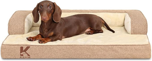 KSIIA Washable Dog Bed Medium Size Dog U-Shaped Bolster Pet Couch with Removable Waterproof Cover, Non-Slip Bottom and Egg-Crate Orthopedic Foam Pet Bed, 35 x 22 Inch, Brown