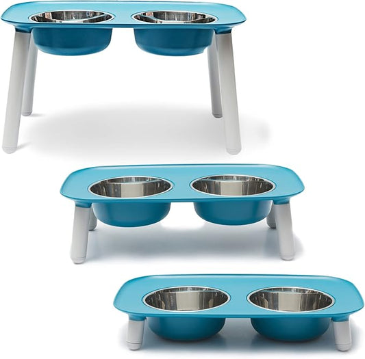 Messy Mutts Elevated Double Feeder with Stainless Bowls | Adjustable Height 3”, 5”, or 10” | Adjustable Standing Feeder for Dogs | 5 Cups per Bowl | Blue