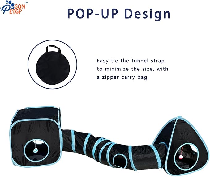 Cat Tunnels for Indoor Cats with Cube Tent Toys Combo, Pop Up Collapsible Crinkle Interactive Peek Hole, Cat Tube with Play Ball and Bell for Kitten, Puppy, Kitty, Rabbit - Set of 3
