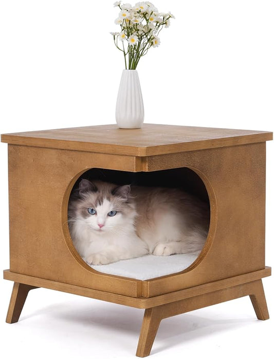 Wooden Cat Bed End Table – 15.7"x15.3"x15.7" Modern Cat Furniture for Bedroom & Living Room – Nightstand Pet House with Removable Cushion – Cat Hideaway Side Table with Natural Wood Finish