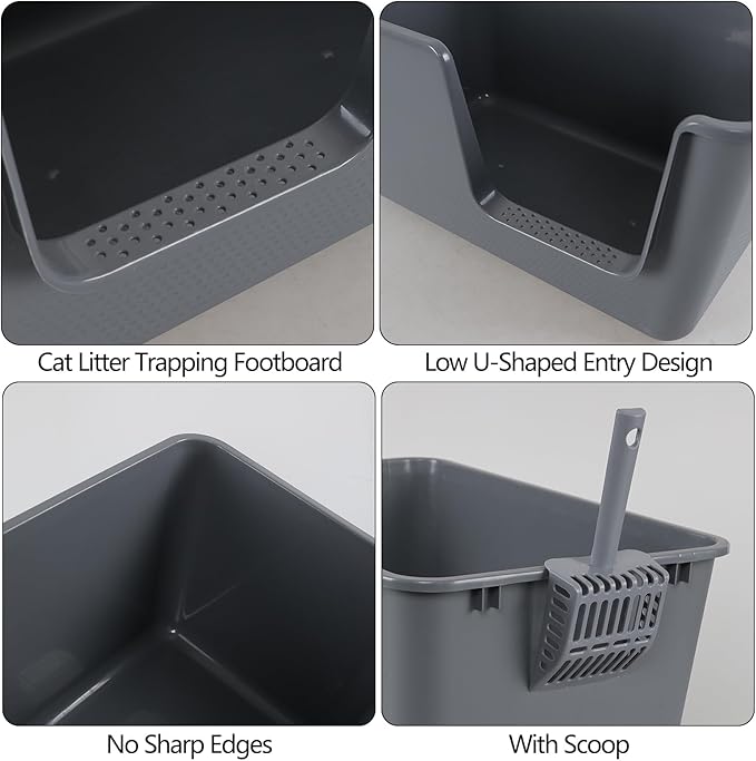 Xyskin 2-Pack Plastic Open Top Cat Litter Box, High Sides Cat Litter Pan with Scoop, Grey