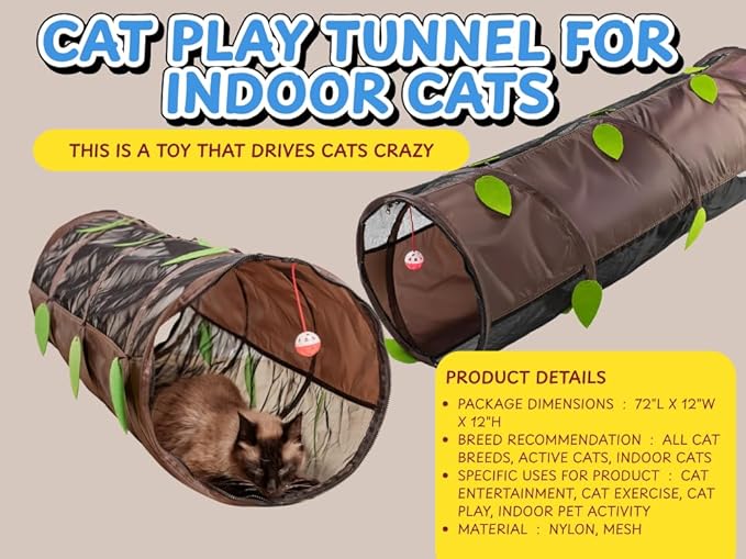 Tunnel for All Cats (Even Chonks)–Collapsible Crinkle Tube of Chaos w/Mesh Windows & Bell Ball – Interactive Cat Toy, Chonky Tunnel, Cat Bed & Zoomie Track for Chonkys, Kittens & Ferrets