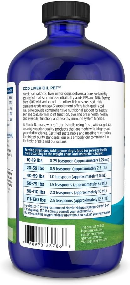 Nordic Naturals Pet Cod Liver Oil, Unflavored - 16 oz - 1048 mg Omega-3 Per Teaspoon - Fish Oil for Dogs with EPA & DHA - Promotes Skin, Coat, & Immune Health