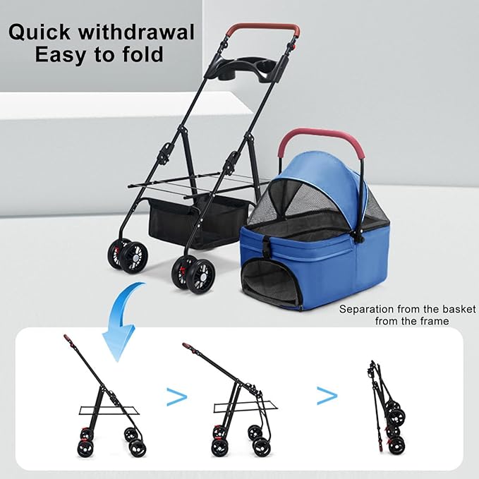 Pet Stroller-Folding 4 Wheels Cat/Dog Stroller for Medium Small Pets with Storage Basket and Cup Holder Suitable for Going Out and Traveling (Blue)