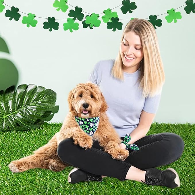 E-Clover Dog Bandana Boy & Matching Scrunchie Set Shamrock Lucky Dog Bandanas Scarf with Bow Hair Ties for Small Puppy Dogs Pet Owner Mom Green Blue