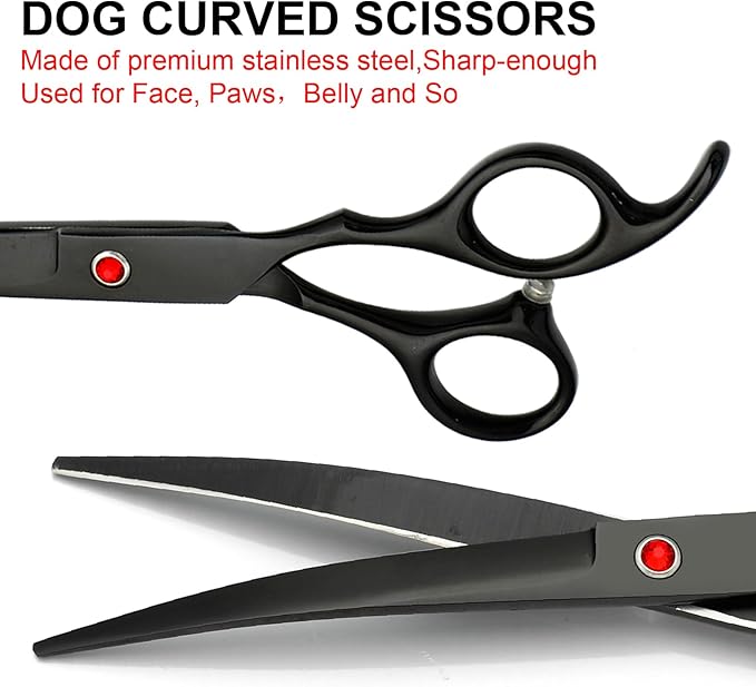 Professional Dog Grooming Scissors Set Stainless Steel Dog Grooming Kit - Thinning, Curved Scissors and Comb for Cat Pet (Black 5 in1)