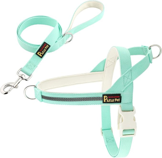 Plutus Pet Cotton Dog Harness and Leash Set, Reflective and Soft Padded, Quick Fit Vest Harness, for Small, Medium and Large Dogs, Light Cyan, S