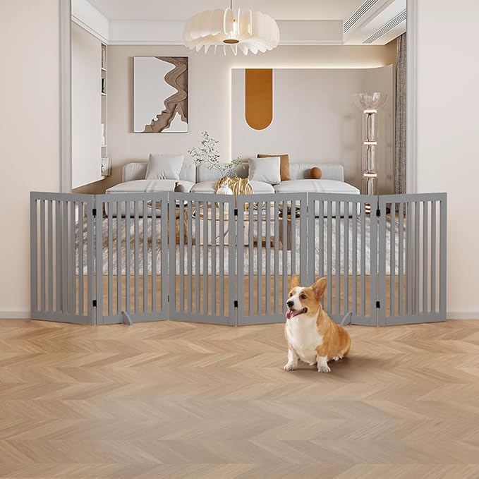 unipaws 120" Extra Wide Pet Gate, Free Standing Dog Gate for Doorways, Stairs, Foldable Gate & Room Divider, Wooden Puppy Playpen, Expandable Barrier for The House, Indoor Use (36" H, Grey)