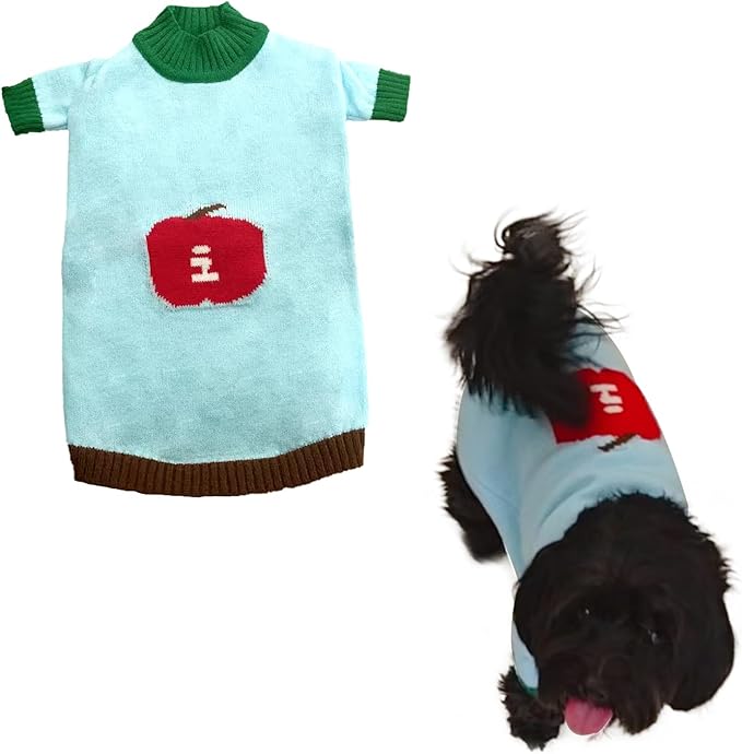 Fall/Winter Dog & Cat Sweater - Cozy Knit Pullover for Small Pets, Light Blue with Red Apple Print, Warm & Breathable for Indoors/Outdoors, Anti-Shedding, Soft Yarn (XS/S/M/L/XL) (X-Large)