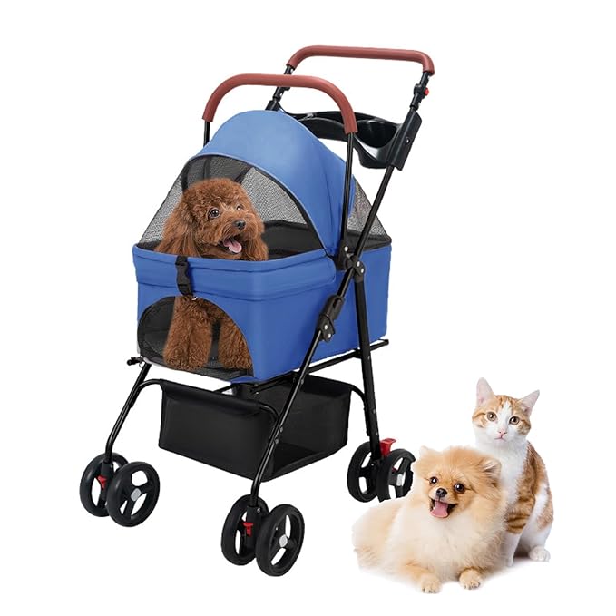 Pet Stroller-Folding 4 Wheels Cat/Dog Stroller for Medium Small Pets with Storage Basket and Cup Holder Suitable for Going Out and Traveling (Blue)