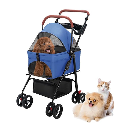 Pet Stroller-Folding 4 Wheels Cat/Dog Stroller for Medium Small Pets with Storage Basket and Cup Holder Suitable for Going Out and Traveling (Blue)