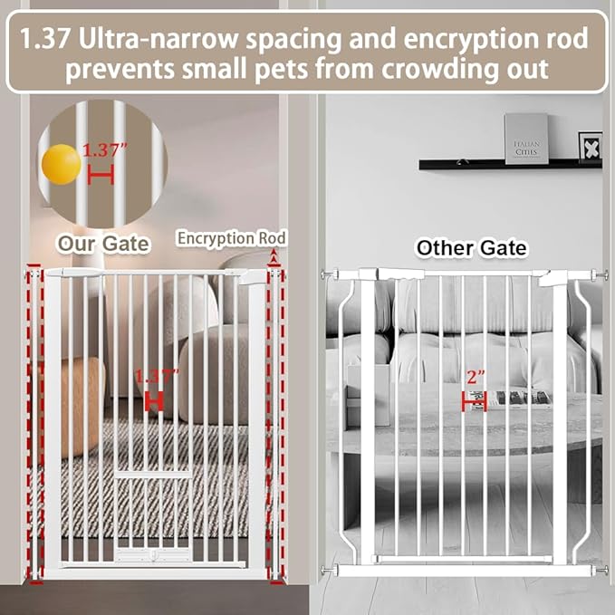 40.55" Tall 1.37" Ultra Narrow Spacing 30.12-34.06" Dogs Pets Baby Gate with Cat Door for Doorway Safety Proof Indoor Extra Wide Puppy Pressure Mounted No Drill White Black Metal Hallway