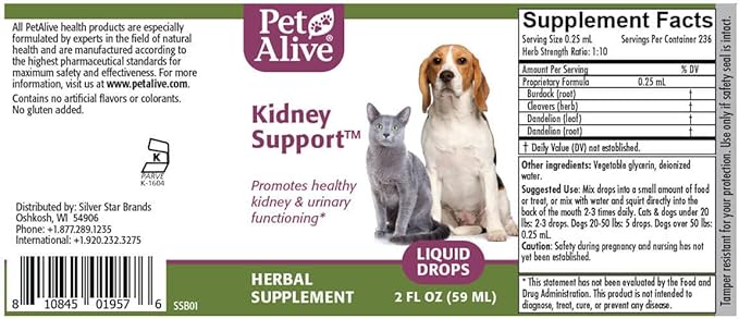 Pet Alive Kidney Support - All Natural Herbal Supplement Promotes Healthy Kidney and Urinary Functioning in Cats and Dogs - 59 mL