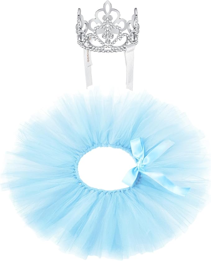 Hillban 2 Pcs Dog Crown Headband Dog Tutu Dress Set Crystal Rhinestone Tiara Crown Tutu Skirt Pet Dress Costume for Puppy Birthday Party Wedding Photo Prop Costume(Blue,X Large)