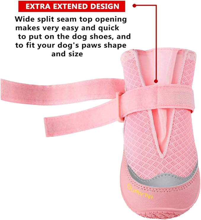 QUMY 4PCS Dog Boots for Large Dogs, Medium Dog Shoes & Paw Protectors for Hot Pavement, Summer Heat Protection, Mesh Breathable Nonslip Dog Booties for Hardfloors, Walking Running Hiking Pink Size 3