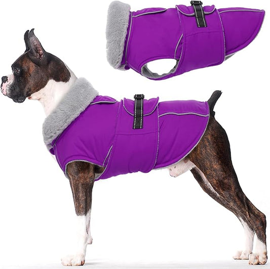 Lelepet Warm Dog Coat Reflective Fleece Vest Waterproof Dog Jacket with Adjustable Buckle Hook & Loop Windproof Cold Weather Coats for Small Medium Large Dogs, Purple, L