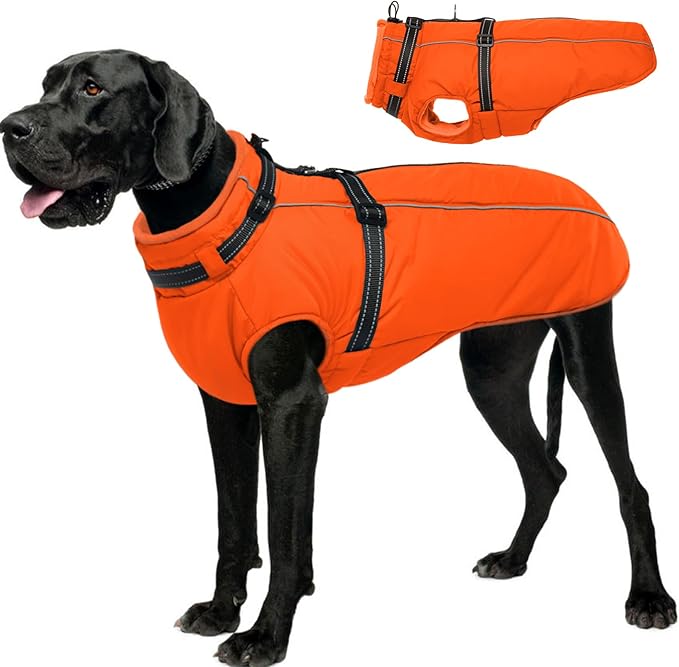 Lelepet Dog Winter Coat Waterproof Dog Jacket with Harness Built in Windproof Reflective Pet Coats for Extra Large Dogs, Thermal Fleece Lined Coats for Cold Weather Walking, Great Dane, Orange, 3XL