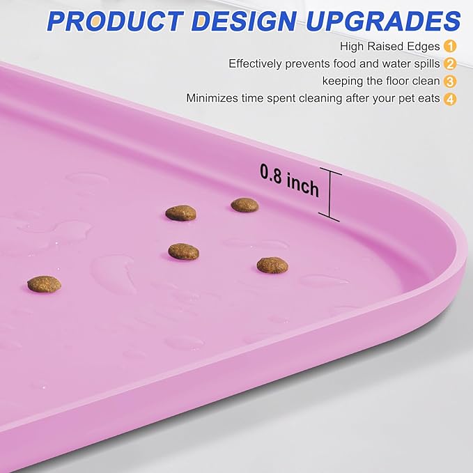 Silicone Pet Feeding Mat with Raised Edge for Food and Water, Dog Bowl Mats, Cat Bowls Placemat with High Lip for Floor Waterproof, Rubber Tray for Cats and Dogs 22 x 14 x0.8 Pink