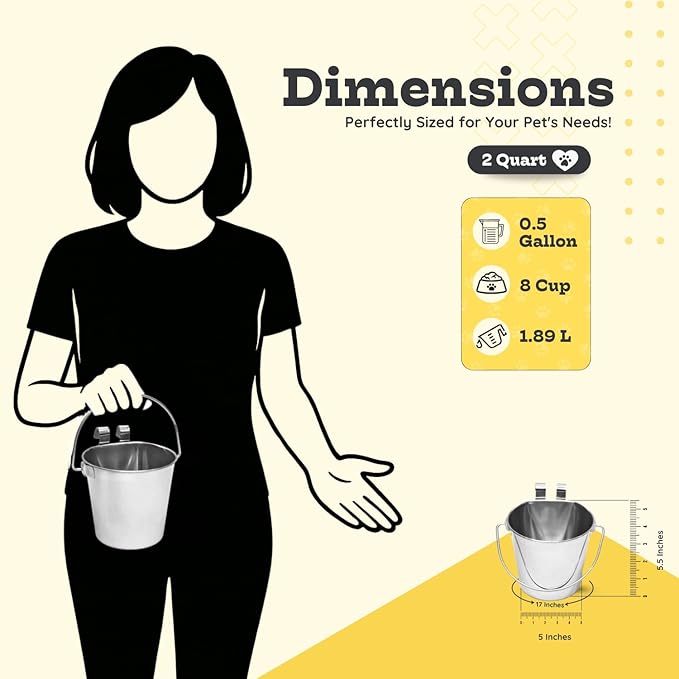 2 Quart Stainless Steel Flat Sided Pail with Dual Hooks | Hanging Bucket for Dog, Cat, Bird & Small Animals | Durable Food & Water Bowl Fits Kennels, Crates & Cages | Multipurpose Use