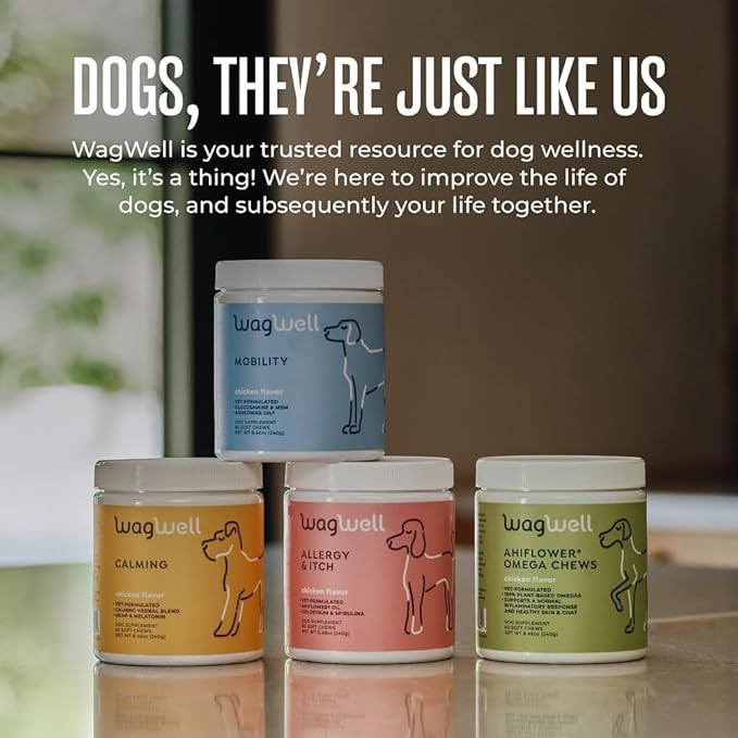 WagWell Allergy and Itch Chews – Chicken Flavored – Plant Based with Colostrum and Spirulina – Dog Skin and Coat Supplement for Itch Relief and Digestive Health, 60 Chews