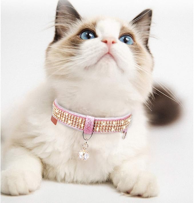 PetsHome Cat Collar, Dog Collar, [Bling Rhinestones] Premium PU Leather with Pendant Adjustable Collars for Big Cat and Small to Medium Dog Small Pink