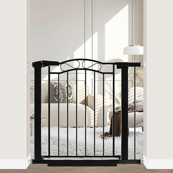 Black Baby Gate with Door-Walk Through Baby Gates for Stairs Pressure Mounted no Drill-Indoor Tension Metal Child Pet Dog Safety Gate 32.28"-35.04" Wide