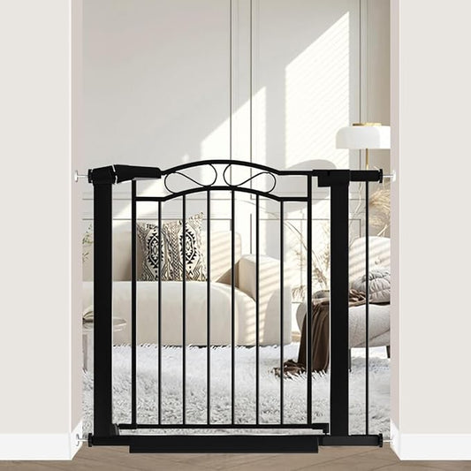 Black Baby Gate with Door-Walk Through Baby Gates for Stairs Pressure Mounted no Drill-Indoor Tension Metal Child Pet Dog Safety Gate 32.28"-35.04" Wide