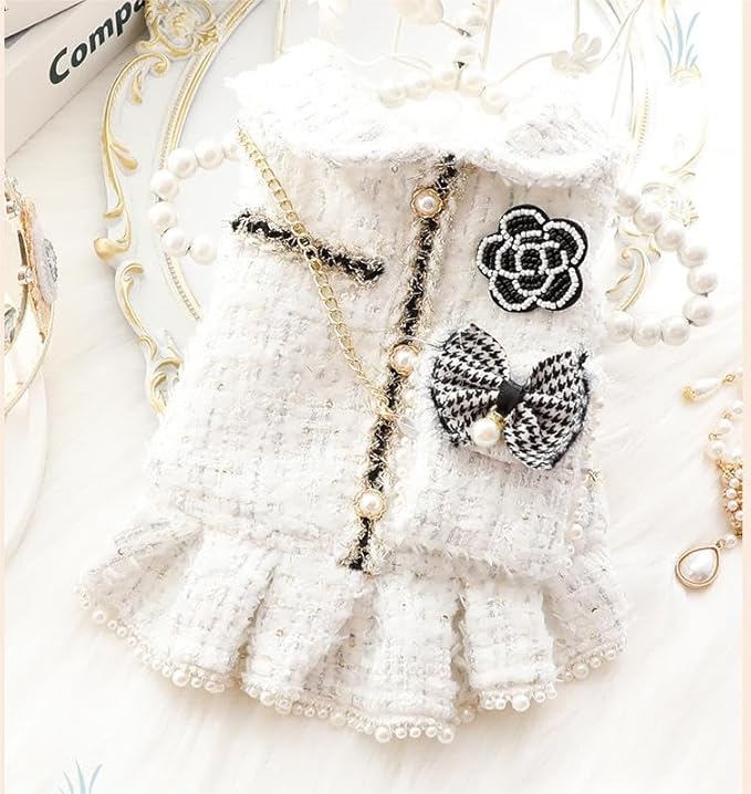 Pet Dress with Pearl Buttons, White Tweed with Black Bow and Rose Embellishments, Small Dog and cat Princess Outfit (White, X-Large)