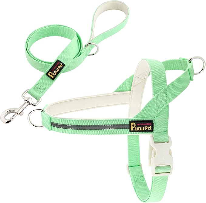 Plutus Pet Cotton Dog Harness and Leash Set, Reflective and Soft Padded, Quick Fit Vest Harness, for Small, Medium and Large Dogs, Light Green, XS