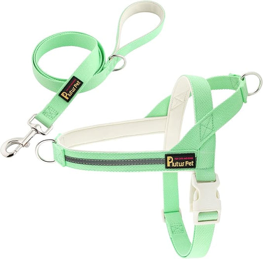 Plutus Pet Cotton Dog Harness and Leash Set, Reflective and Soft Padded, Quick Fit Vest Harness, for Small, Medium and Large Dogs, Light Green, XS