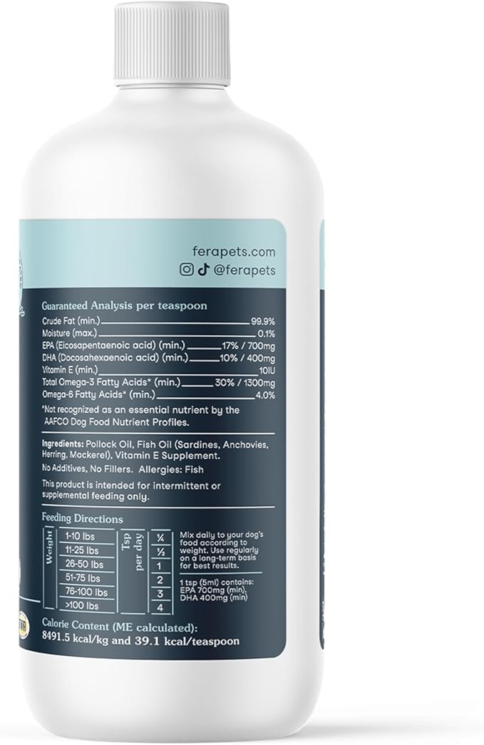 Fera Pets Fish Oil - Omega 3 for Dogs & Cats to Support Joints, Heart, Skin and Coat Health - Non GMO with Vitamin E - 16 oz