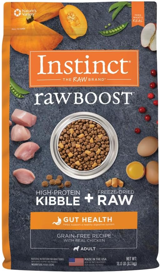 Instinct Raw Boost Gut Health, Natural Dry Dog Food with Freeze Dried Pieces, Grain Free Recipe - Real Chicken, 18 lb. Bag