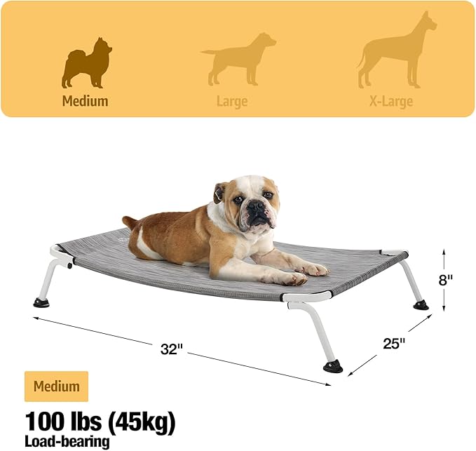 Veehoo Elevated Dog Bed for Outdoor, Cooling Waterproof Raised Dog Cots Beds for Medium Dogs, Curved Off Ground Pet Hammock Cot Lifted for Outside, up to 65lbs, White Legs, Black Silver 32"