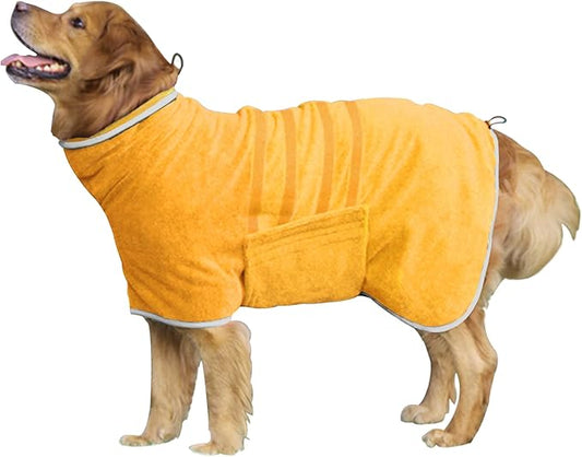 Dog Robe - Fast Drying Towel - Microfiber Super Absorbent Pet Bathrobe, Adjustable Collar & Belly Strap (Yellow, Small)