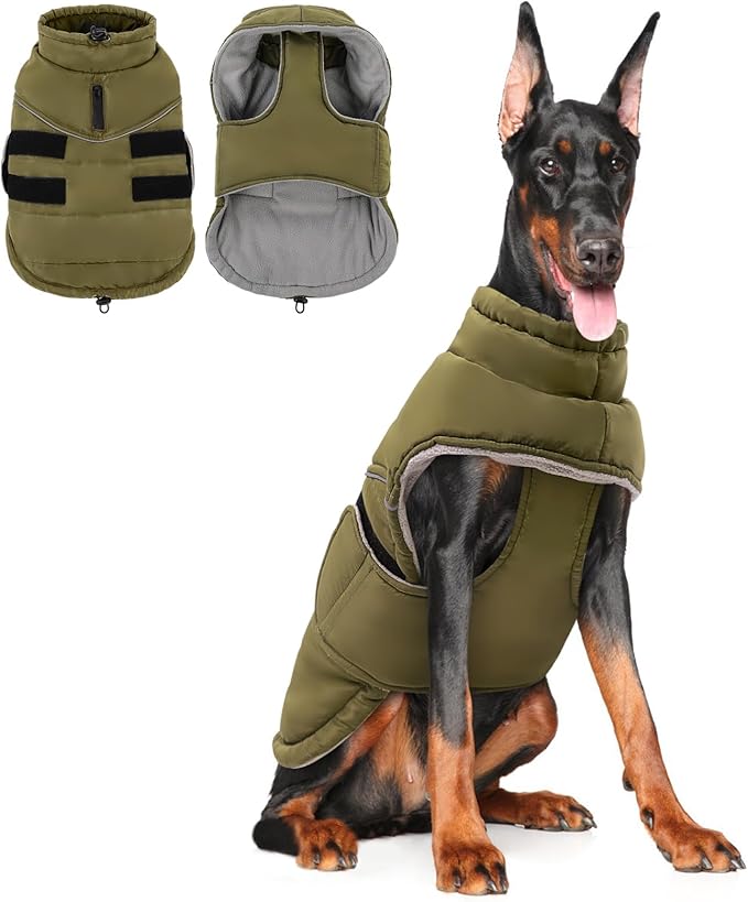 Peferhouse Warm Winter Coat for Large Male Dogs, Cold Weather Windproof Reflective Jacket With Harness Hole, Thick Vest ArmyGreen 4XL