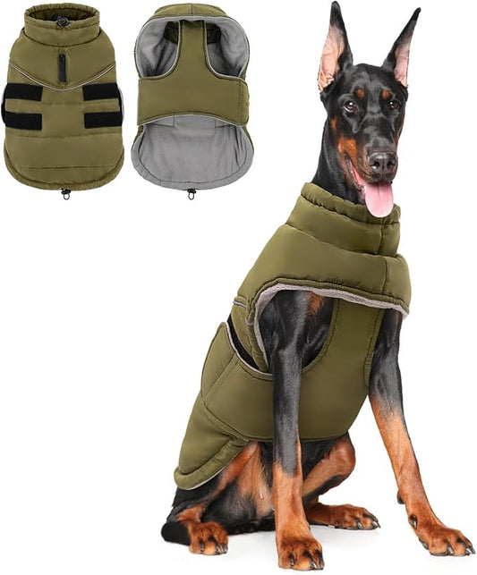 Peferhouse Warm Winter Coat for Large Male Dogs, Cold Weather Windproof Reflective Jacket With Harness Hole, Thick Vest ArmyGreen 4XL