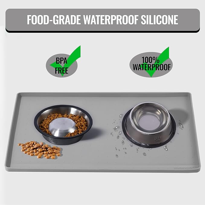 MateeyLife Dog & Cat Food Mat for Floors Waterproof, Nonslip Bowl Mats for Food and Water, Dog Feeding Mats with Raised Edges, Silicone Dog Water Matt Tray for Messy Drinkers, 18"x12", Grey