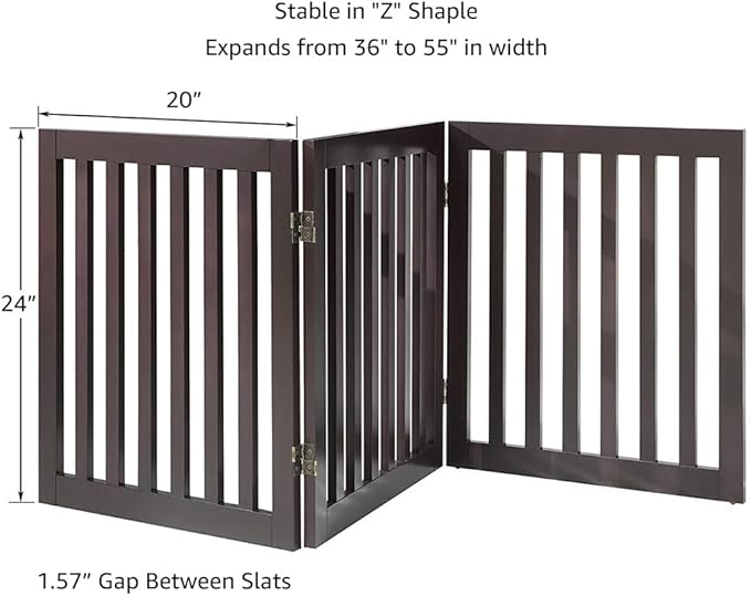 unipaws 24" H Free Standing Pet Gate for Dog Cat, Wooden Dog Gates for Doorway, Stairs, Step Over Foldable Pet Fence for The House, Expandable Dog Barrier, Indoor Use, Espresso