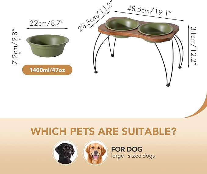 Ceramic 8.7-inch Raised Double-Bowl Set with Non-Slip Stand, Food & Water Dishes for Large Dogs, Wide Opening with Rounded Edges(Olive Green)