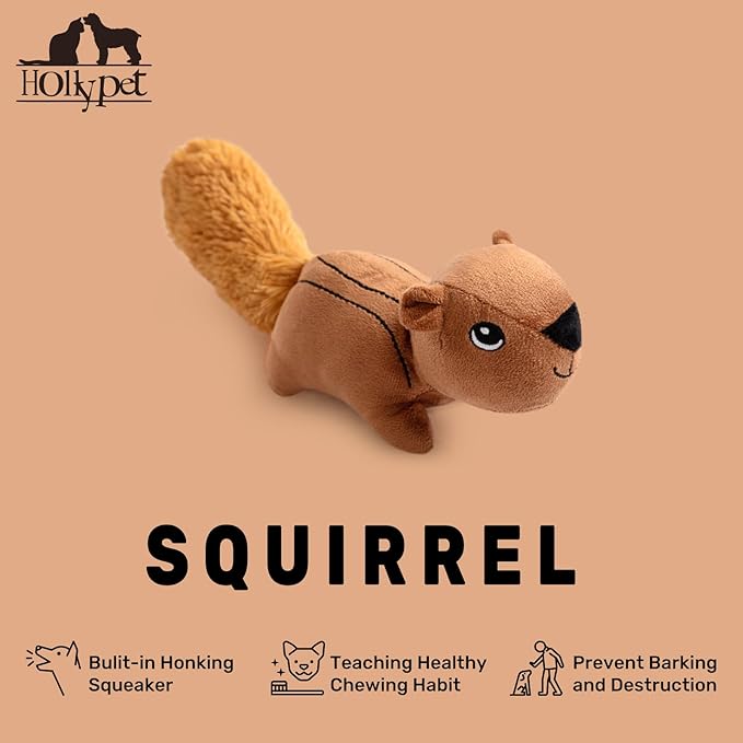 Hollypet Squeaky Plush Stuffed Durable Dog Toys, Cute Puppy Chew Toys for Small, Medium and Large Breed Dogs, Squirrel