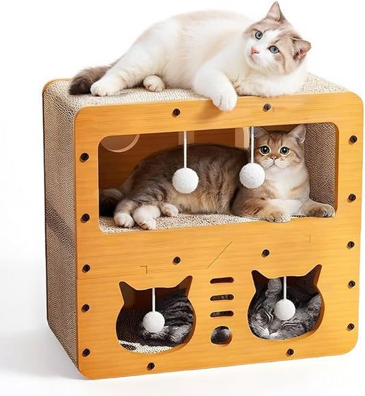 Cat Beds for Indoor Cats，Wooden Cat Scratcher House & Cardboard Condos，Covered Bedsure Kitten Bed Cave Furniture，Cute Playhouse Box，Small Cat Enclosure Crates Hideaway
