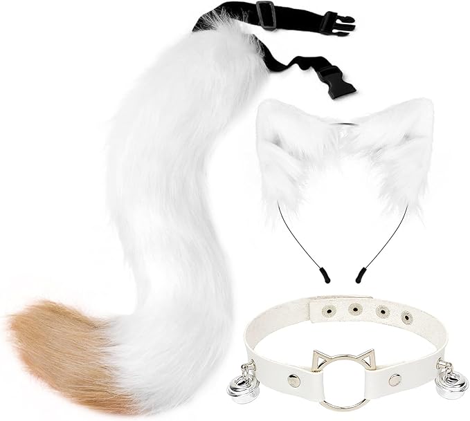 Cat Ears and Wolf Fox Animal Tail Cosplay Costume Faux Fur Hair Clip Headdress Halloween Leather Neck Chocker Set