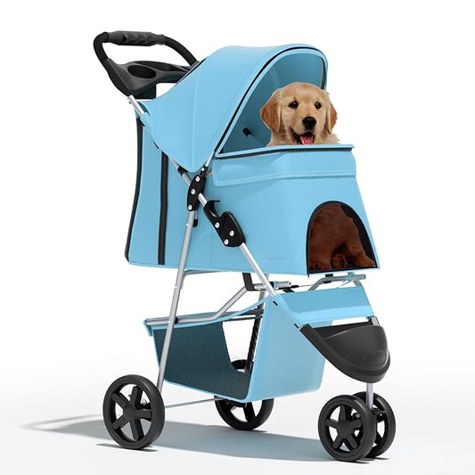 Cat Dog Stroller,3-Wheels Pet Stroller for Medium/Puppy Dogs 30 Lbs, with Storage Basket and Cup Holder, Breathable Mesh Mint