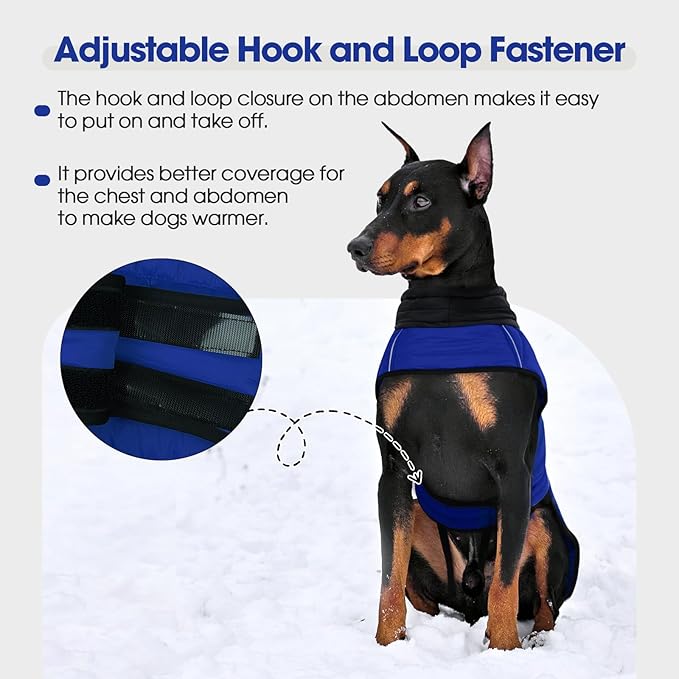 IDOMIK Waterproof Dog Winter Coat, Reflective Warm Dog Puffer Jacket with Harness Hole, Adjustable Lightweight Snow Jacket with Turtleneck, Pet Cold Weather Coats for Large Dogs,Blue,2XL