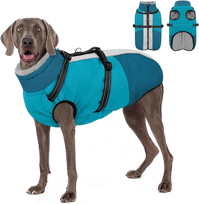 AOFITEE Large Dog Coat, Waterproof Dog Jackets with Harness, Warm Fleece Lined Pet Coat for Large Dogs Snowsuit, Zip Up Jackets for Dogs for Cold Weather for Golden Retriever, Weimaraner, PineGreen2XL