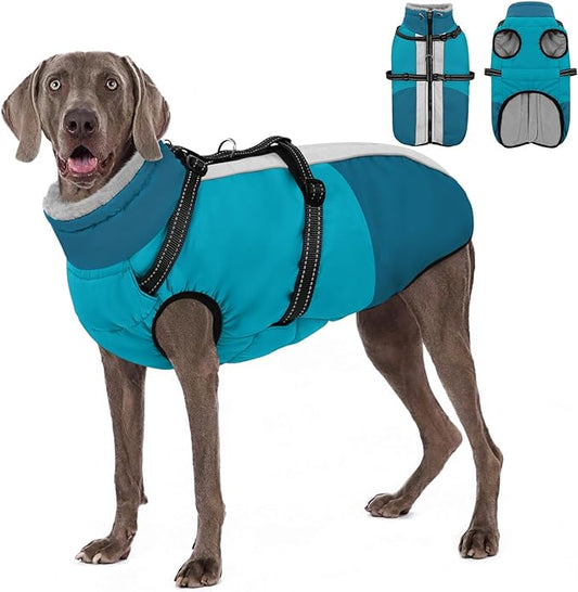 AOFITEE Large Dog Coat, Waterproof Dog Jackets with Harness, Warm Fleece Lined Pet Coat for Large Dogs Snowsuit, Zip Up Jackets for Dogs for Cold Weather for Golden Retriever, Weimaraner, PineGreen2XL