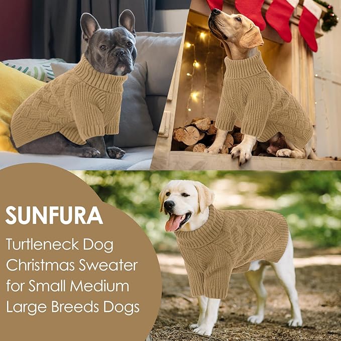 SUNFURA Small Dog Sweater, Turtleneck Dog Sweater for Cold Weather, Puppy Knitwear Pullover for Christmas Thanksgiving, Pet Winter Knitted Sweatshirt for Pug Dachshund, Camel S