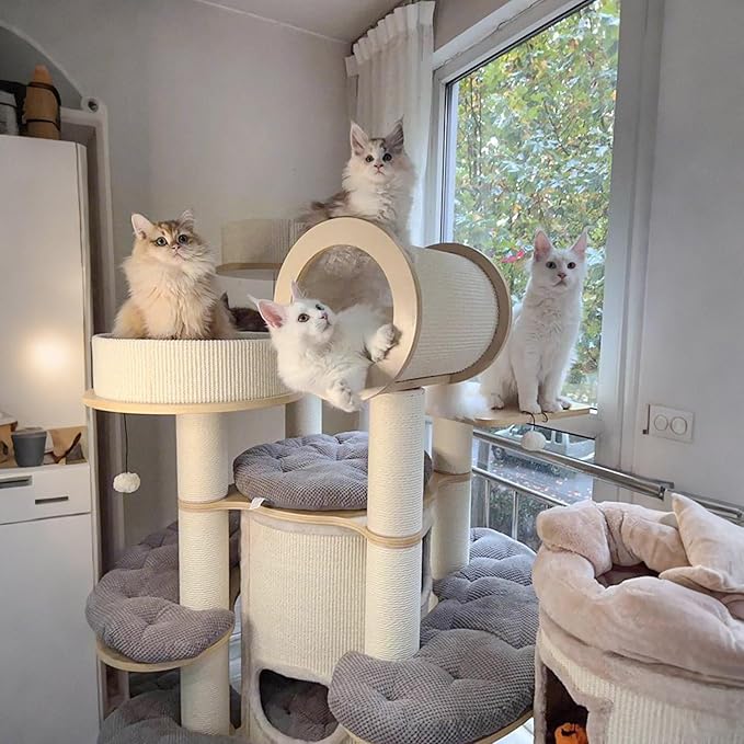 67'' Large Cat Tree,Castle Theme Multi-Levels Wood Cat Tower with Sisal Bed,Big Perchs with Removable Mats,Heavy Duty Modern Cat Condo for Indoor Cats Large Adult