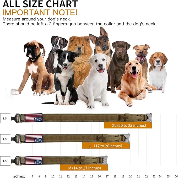 Tactical Dog Collar, Adjustable Nylon, Heavy Duty Metal Buckle with Handle, Airtag Protective Case, Brown, L, Medium & Large Breeds